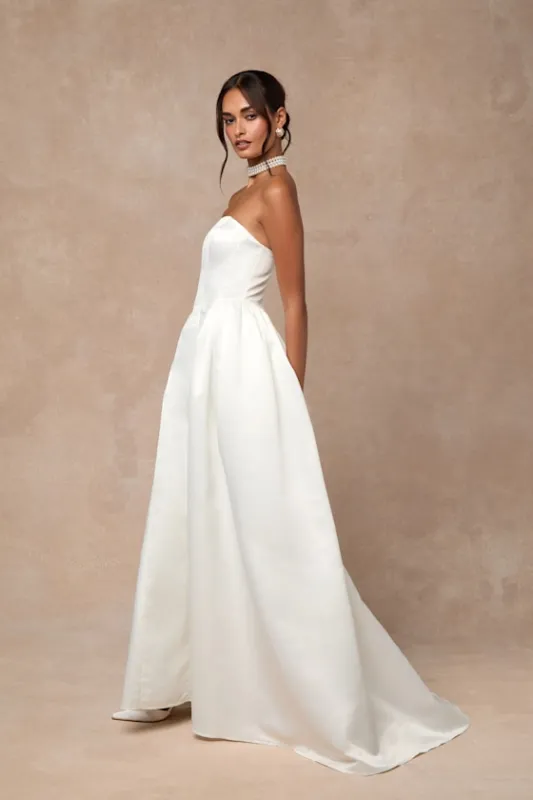 Bennett White Satin Strapless A-Line Maxi Dress sold by Lulus