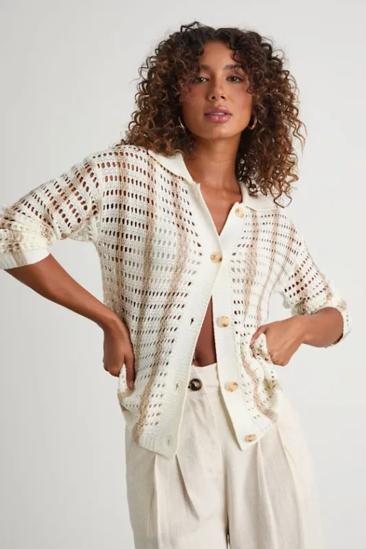 Maysen Ivory and Beige Striped Crochet Collared Cardigan sold by Lulus