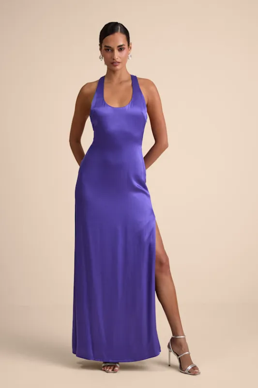 Organa Purple Satin Racerback Maxi Dress sold by Lulus