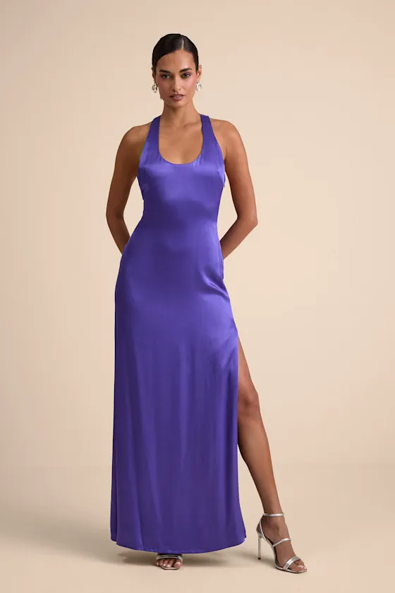 Organa Purple Satin Racerback Maxi Dress sold by Lulus