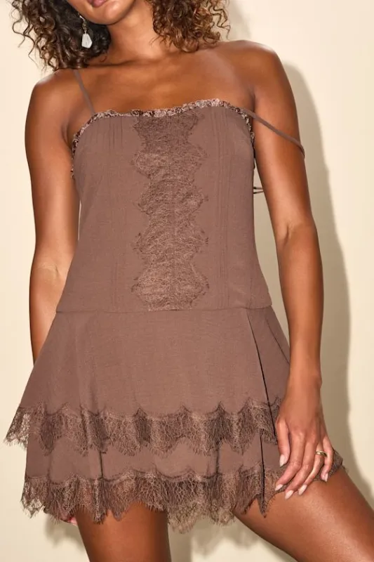 Sahima Brown Lace Tiered Mini Dress sold by Lulus