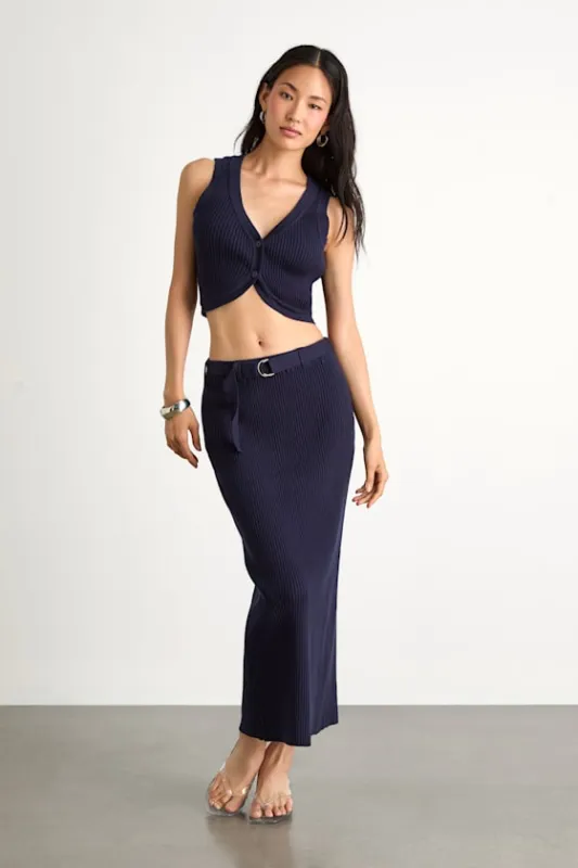 Mariah Navy Ribbed Two-Piece Sweater Midi Dress sold by Lulus