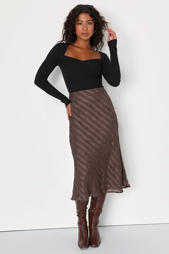 Trendy Era Brown Plaid Chiffon Midi Skirt sold by Lulus