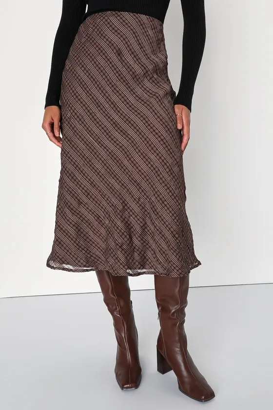 Trendy Era Brown Plaid Chiffon Midi Skirt sold by Lulus product image thumbnail 2
