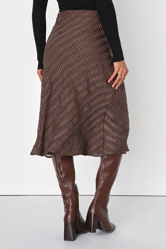 Trendy Era Brown Plaid Chiffon Midi Skirt sold by Lulus product image thumbnail 3