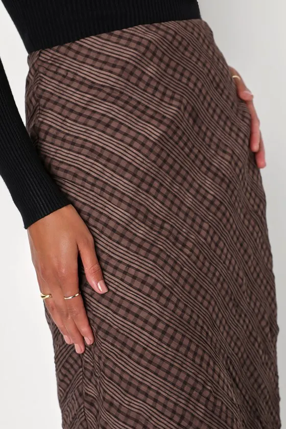 Trendy Era Brown Plaid Chiffon Midi Skirt sold by Lulus product image thumbnail 4