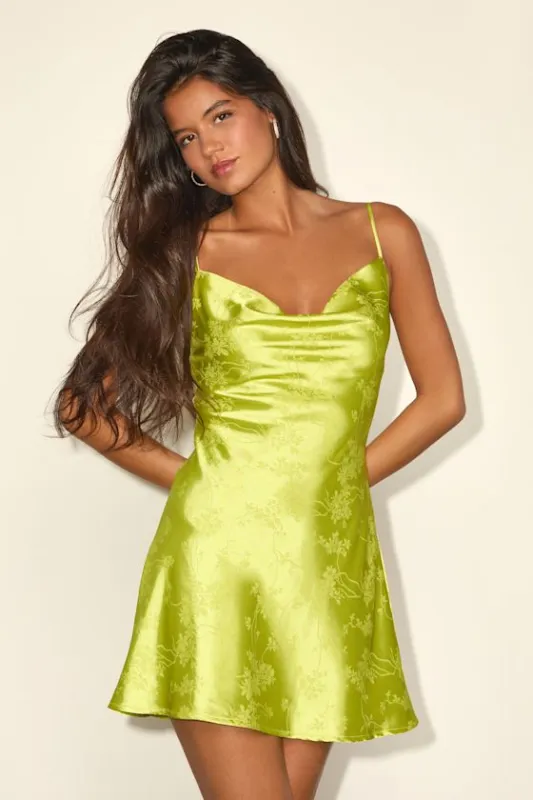 Close to Your Heart Lime Satin Jacquard Cowl Slip Dress sold by Lulus