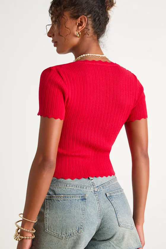 Shannah Bright Red Pointelle Knit Short Sleeve Top sold by Lulus product image thumbnail 2