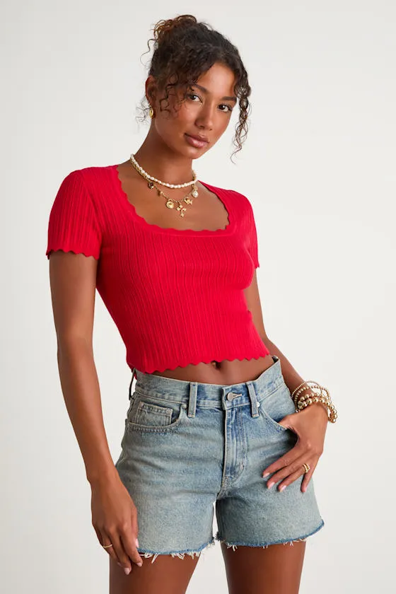 Shannah Bright Red Pointelle Knit Short Sleeve Top sold by Lulus product image thumbnail 3