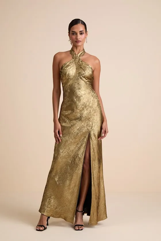 Knoxley Shiny Gold Lurex Cross-Front Halter Maxi Dress sold by Lulus
