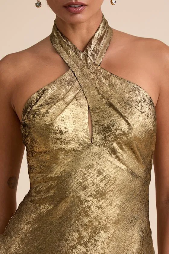 Knoxley Shiny Gold Lurex Cross-Front Halter Maxi Dress sold by Lulus product image thumbnail 2