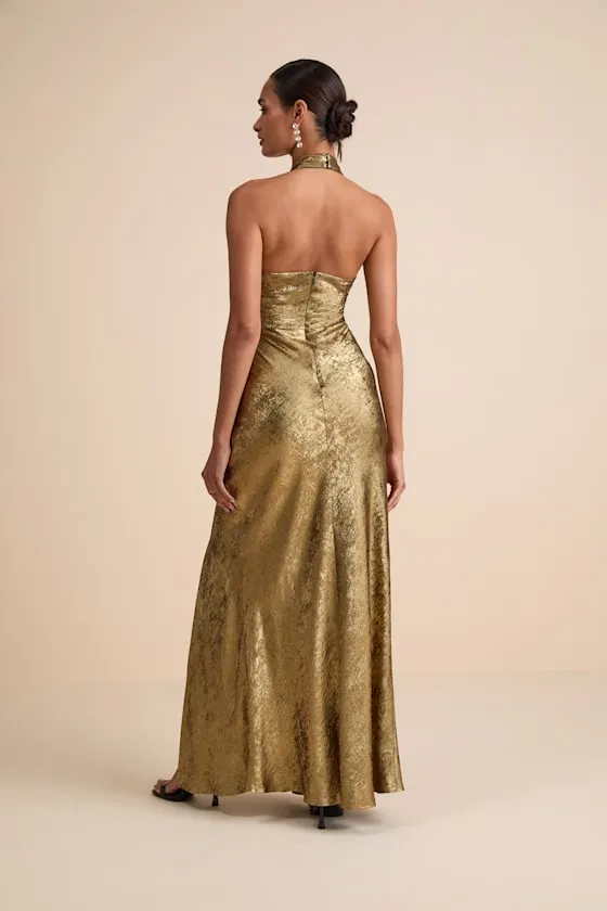 Knoxley Shiny Gold Lurex Cross-Front Halter Maxi Dress sold by Lulus product image thumbnail 3