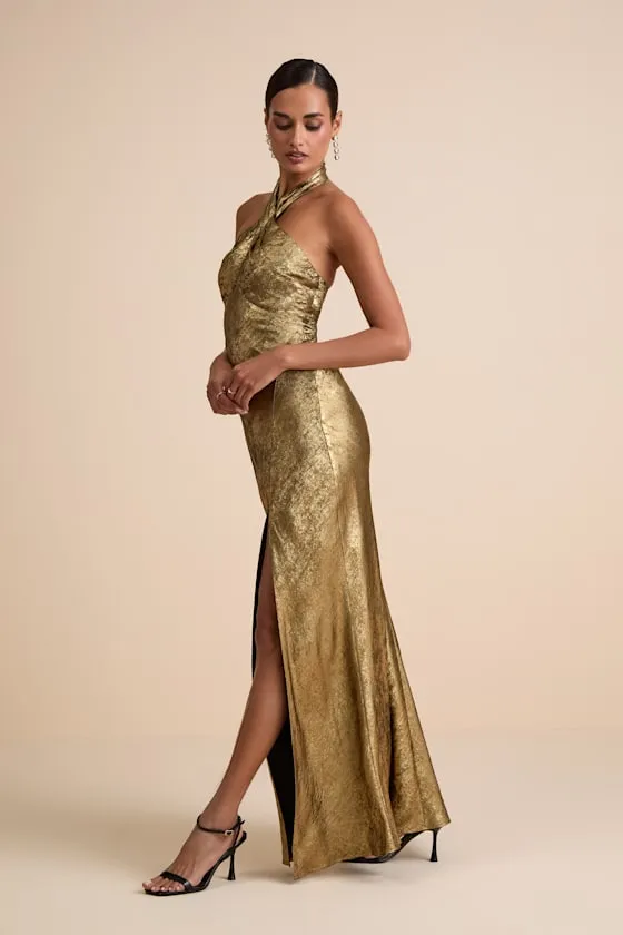 Knoxley Shiny Gold Lurex Cross-Front Halter Maxi Dress sold by Lulus product image thumbnail 4