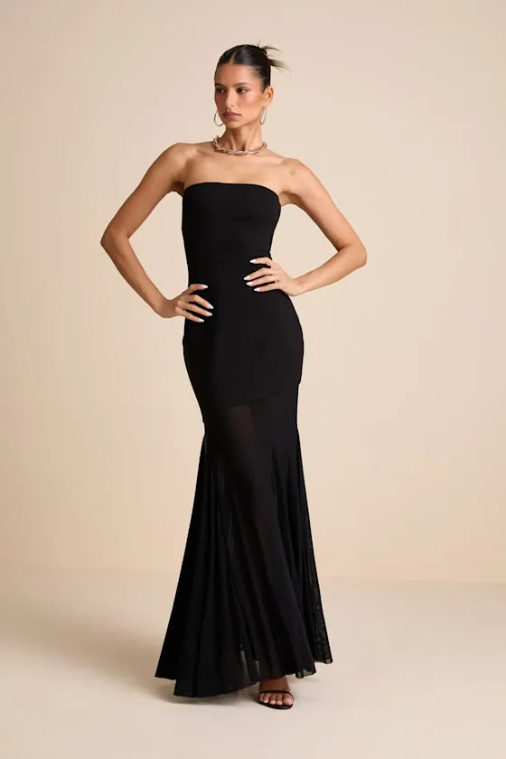 Elaris Black Mixed Media Strapless Maxi Dress sold by Lulus