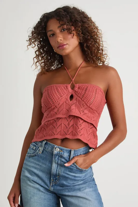 Linden Rusty Rose Crochet Cutout Tiered Halter Top sold by Lulus