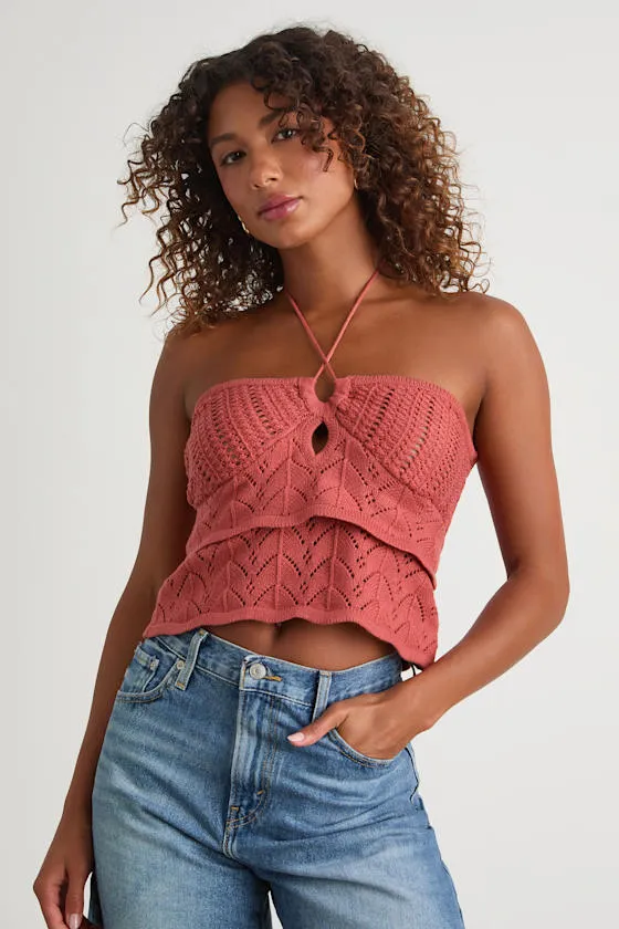 Linden Rusty Rose Crochet Cutout Tiered Halter Top sold by Lulus
