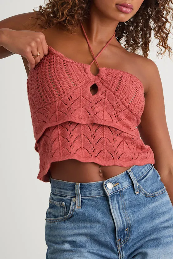 Linden Rusty Rose Crochet Cutout Tiered Halter Top sold by Lulus product image thumbnail 2