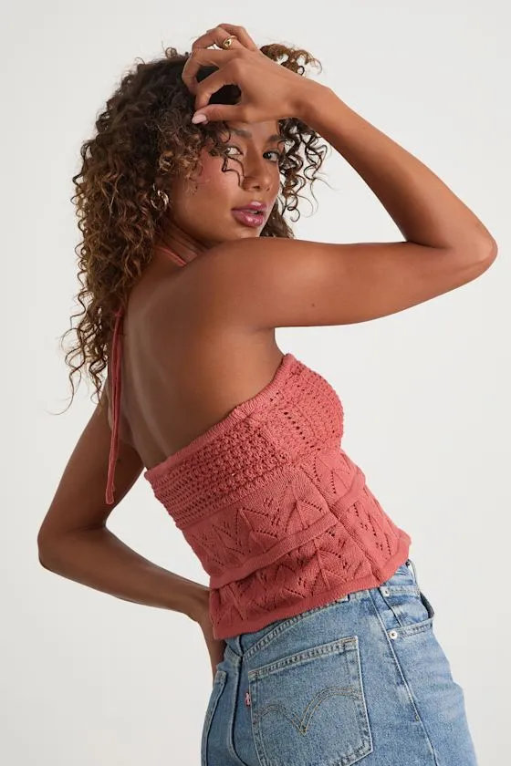Linden Rusty Rose Crochet Cutout Tiered Halter Top sold by Lulus product image thumbnail 3