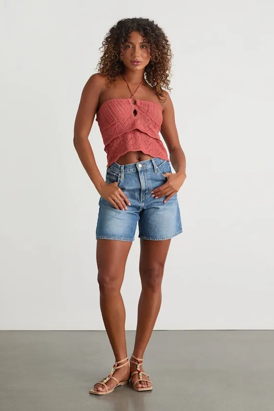 Linden Rusty Rose Crochet Cutout Tiered Halter Top sold by Lulus product image thumbnail 4