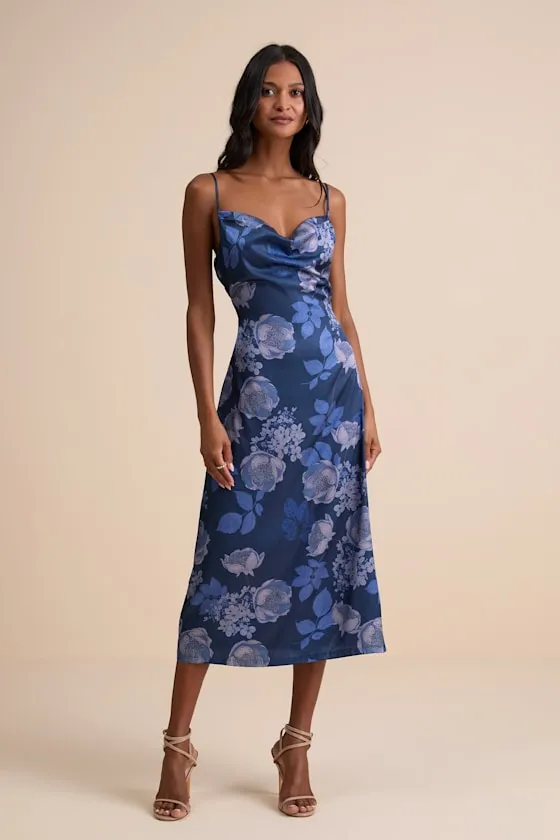 Favorite Icon Dark Blue Floral Satin Cowl Neck Slip Midi Dress sold by Lulus