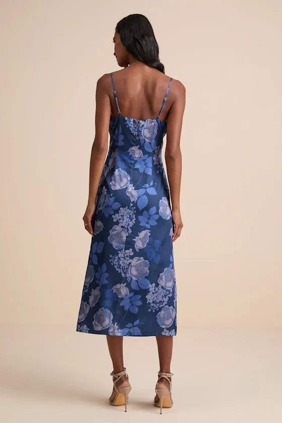 Favorite Icon Dark Blue Floral Satin Cowl Neck Slip Midi Dress sold by Lulus product image thumbnail 3