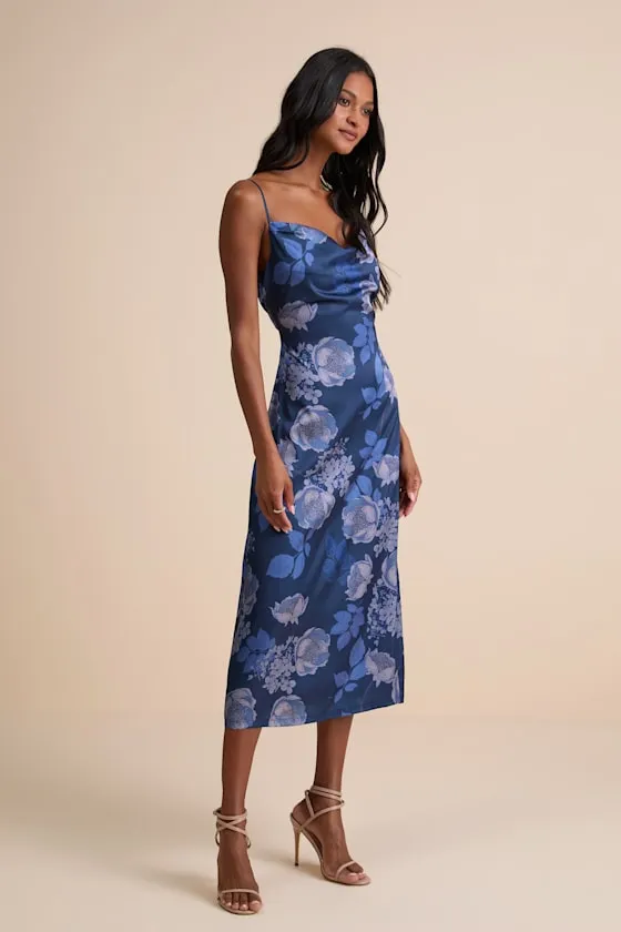 Favorite Icon Dark Blue Floral Satin Cowl Neck Slip Midi Dress sold by Lulus product image thumbnail 4