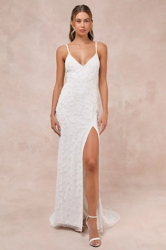 Everlasting Vows White Beaded Sequin Mermaid Maxi Dress sold by Lulus