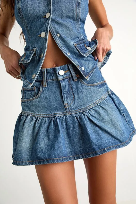 Georgia Medium Wash Denim Ruffled Mini Skirt sold by Lulus