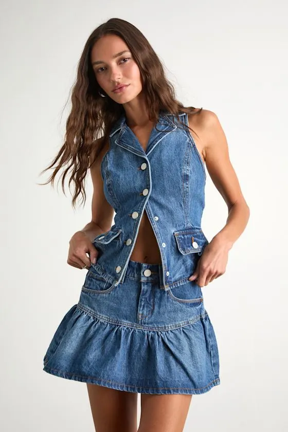 Georgia Medium Wash Denim Ruffled Mini Skirt sold by Lulus product image thumbnail 2
