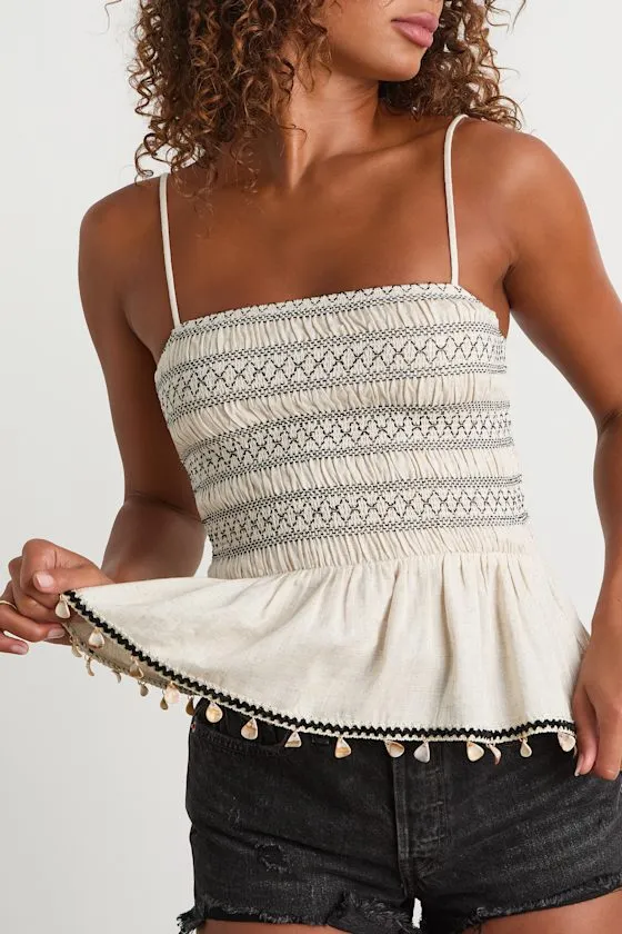 Bibiana Beige Embroidered Seashell Peplum Top sold by Lulus product image thumbnail 2