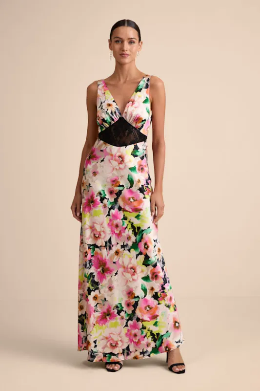 Solaina Pink and Black Multi Floral Satin Lace Maxi Dress sold by Lulus