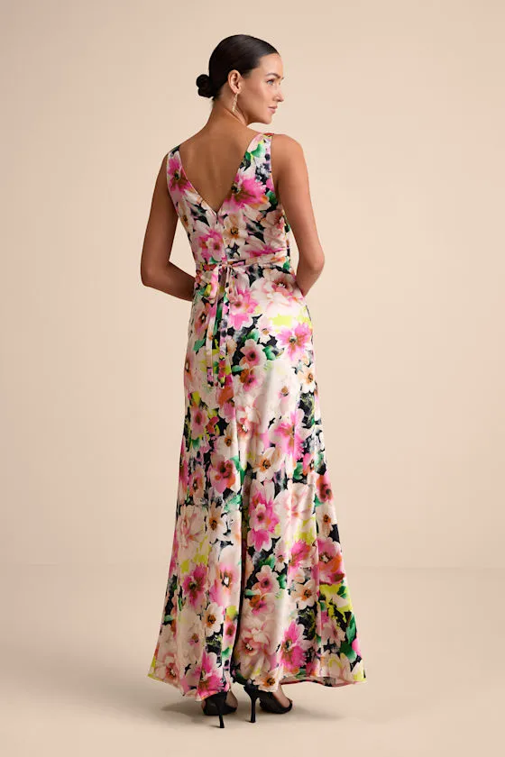 Solaina Pink and Black Multi Floral Satin Lace Maxi Dress sold by Lulus product image thumbnail 3