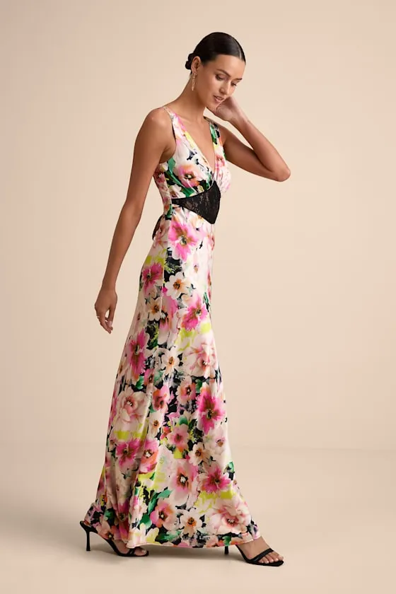 Solaina Pink and Black Multi Floral Satin Lace Maxi Dress sold by Lulus product image thumbnail 4