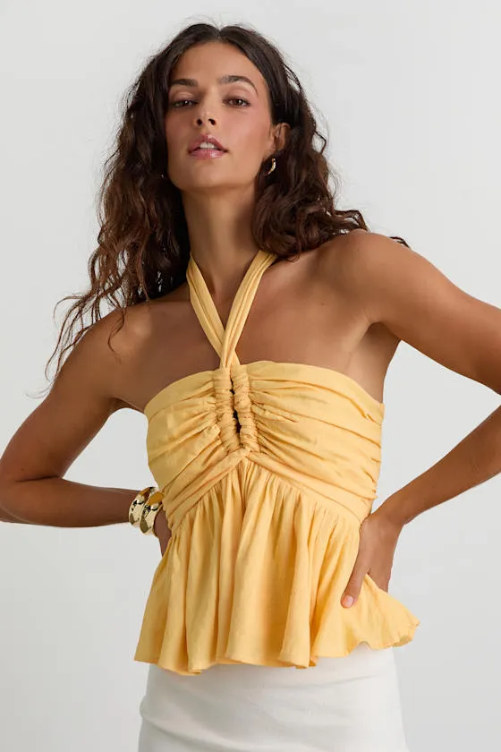 Kadri Yellow Peplum Halter Top sold by Lulus