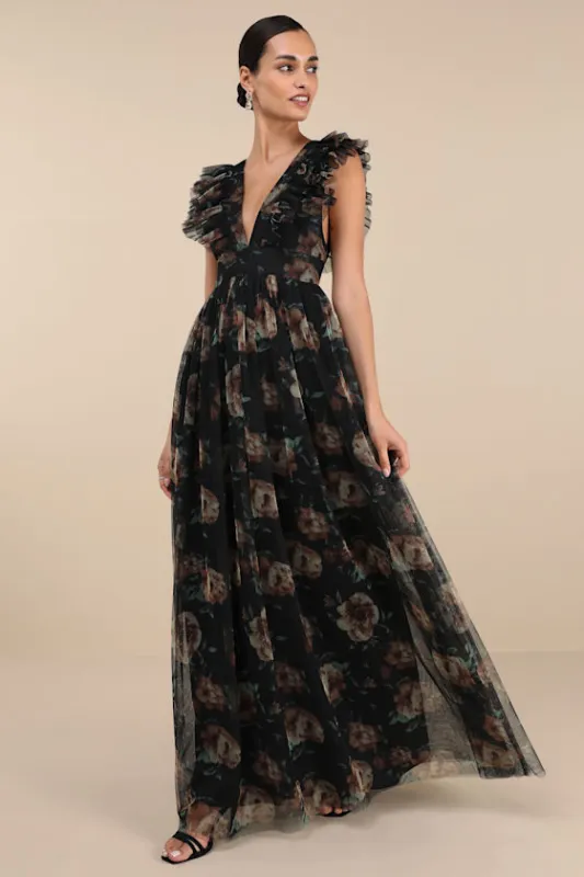 Simply Delighted Black Floral Mesh Ruffled Backless Maxi Dress sold by Lulus