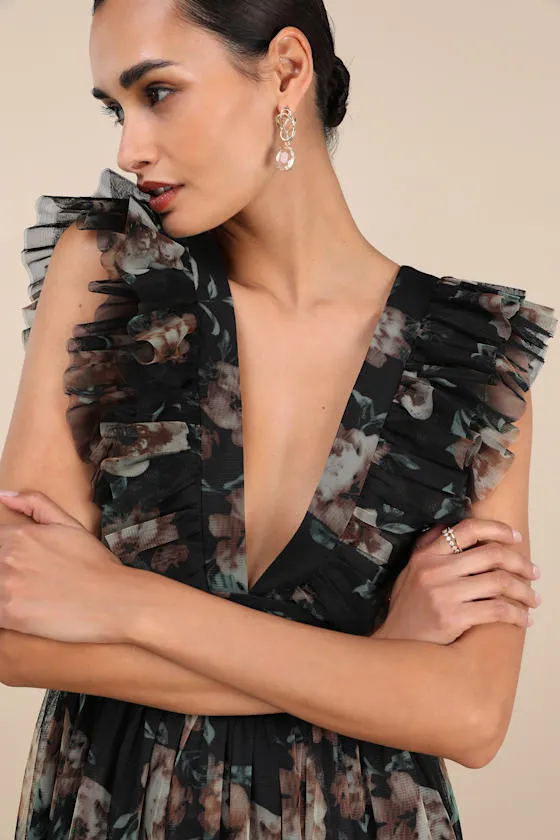 Simply Delighted Black Floral Mesh Ruffled Backless Maxi Dress sold by Lulus product image thumbnail 2