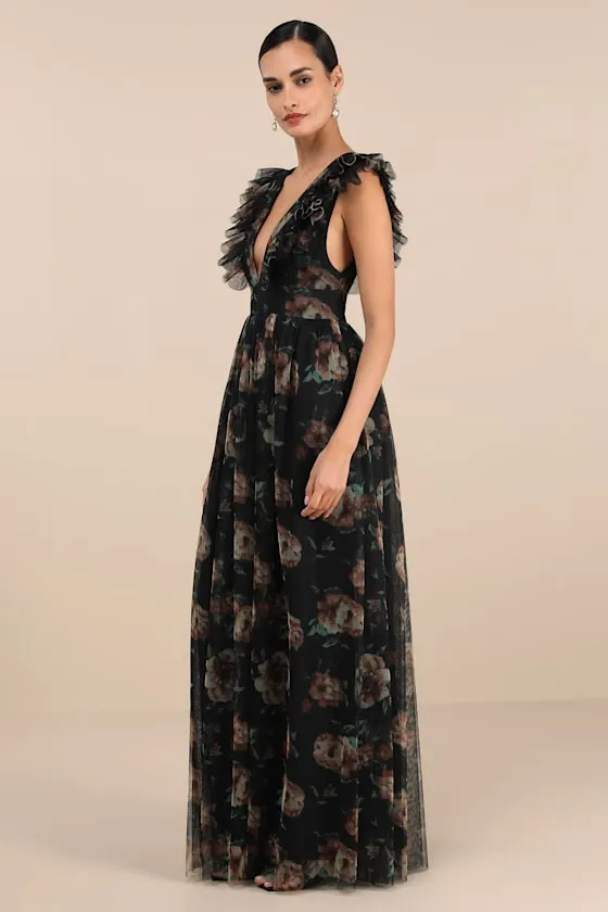 Simply Delighted Black Floral Mesh Ruffled Backless Maxi Dress sold by Lulus product image thumbnail 4