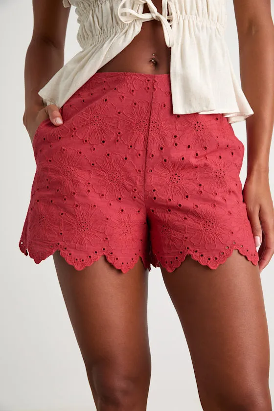 Tenille Rust Red Eyelet Embroidered Scalloped High-Rise Shorts sold by Lulus product image thumbnail 2