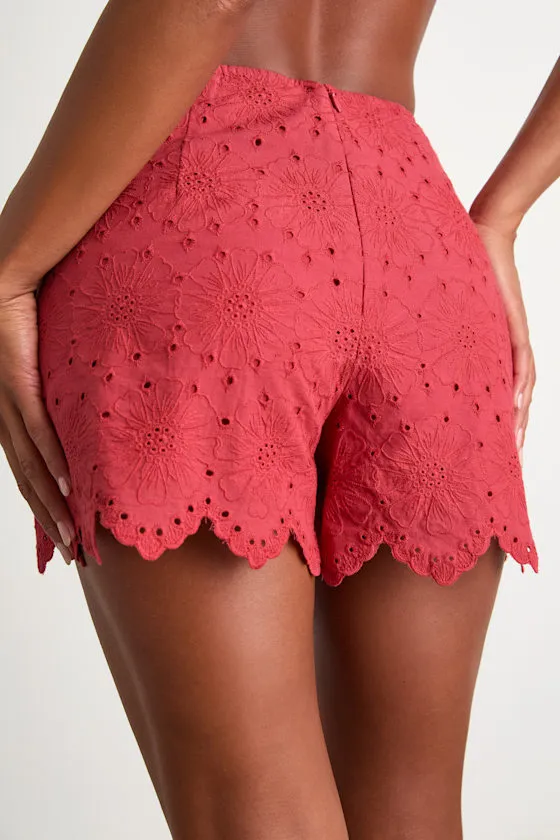 Tenille Rust Red Eyelet Embroidered Scalloped High-Rise Shorts sold by Lulus product image thumbnail 3