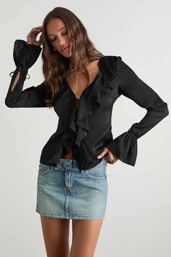 Tanisha Black Satin Ruffled Tie-Front Long Sleeve Top sold by Lulus