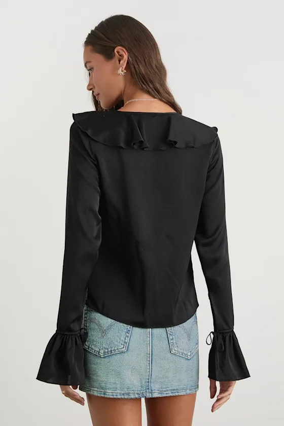 Tanisha Black Satin Ruffled Tie-Front Long Sleeve Top sold by Lulus product image thumbnail 3