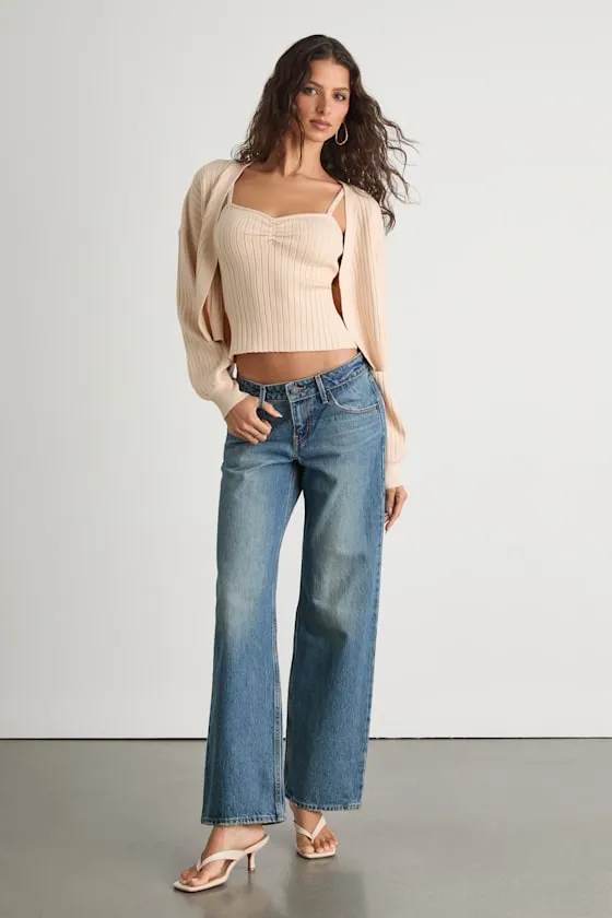 Low Loose Medium Blue Low-Rise Wide-Leg Jeans sold by Lulus