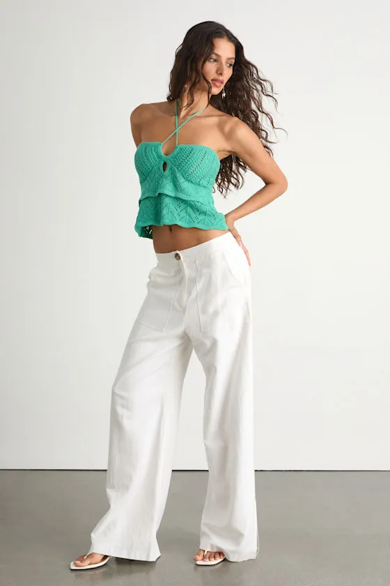 Linden Teal Green Crochet Cutout Tiered Halter Top sold by Lulus product image thumbnail 4