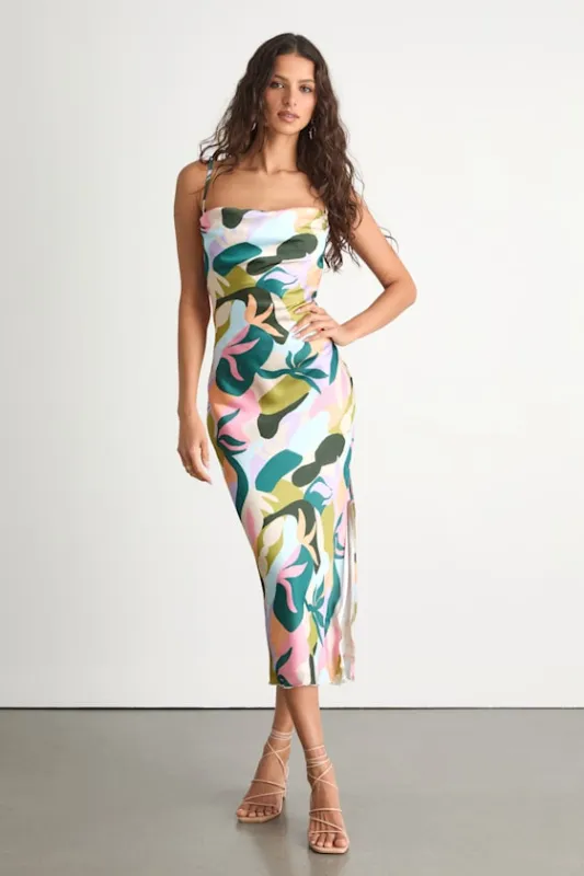 Midiana Multi Abstract Floral Tie-Back Midi Dress sold by Lulus