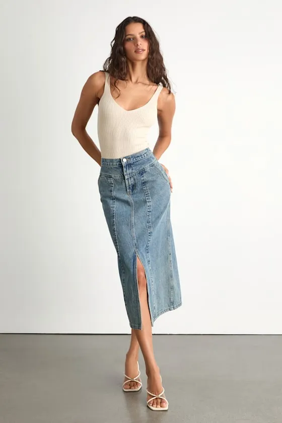 Aisling Light Wash High-Rise Denim Midi Skirt sold by Lulus product image thumbnail 2