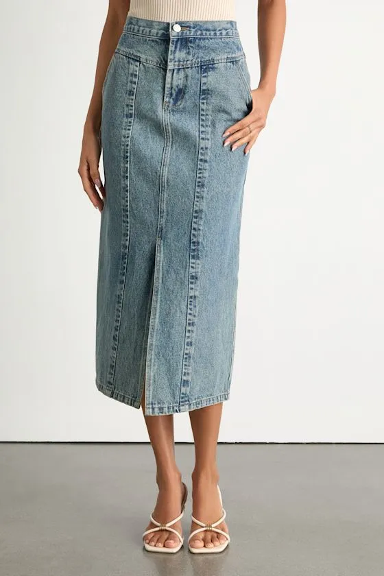 Aisling Light Wash High-Rise Denim Midi Skirt sold by Lulus product image thumbnail 3