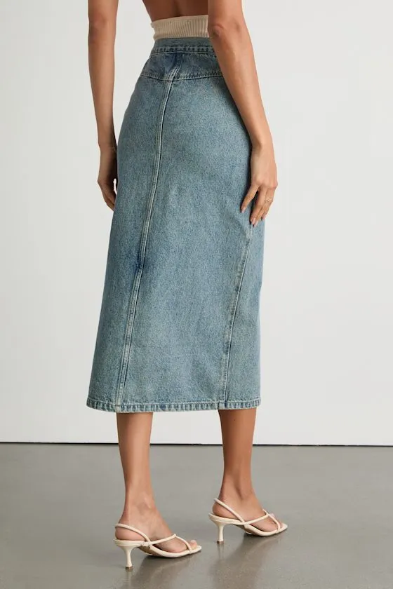 Aisling Light Wash High-Rise Denim Midi Skirt sold by Lulus product image thumbnail 4