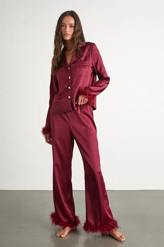 Dreamiest Delight Burgundy Satin Feather Two-Piece Pajama Set sold by Lulus