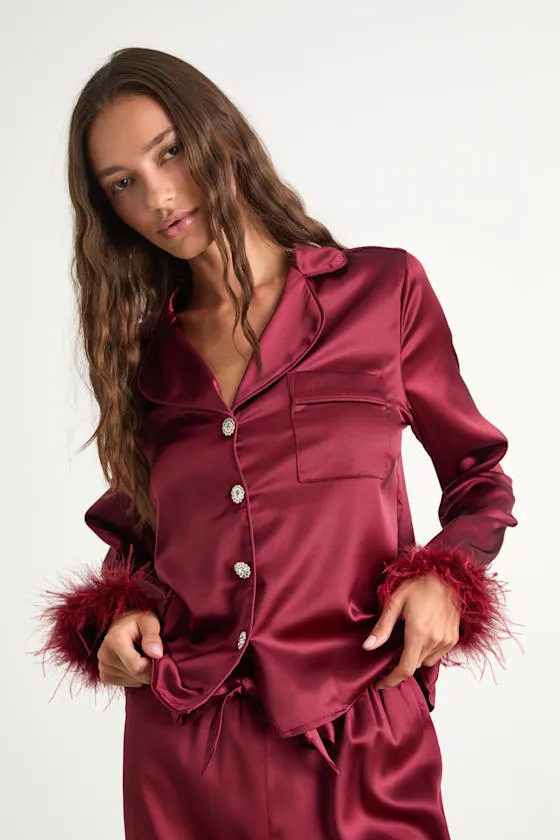 Dreamiest Delight Burgundy Satin Feather Two-Piece Pajama Set sold by Lulus product image thumbnail 2