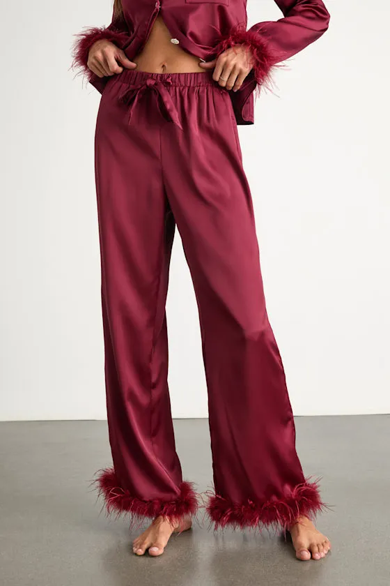 Dreamiest Delight Burgundy Satin Feather Two-Piece Pajama Set sold by Lulus product image thumbnail 3